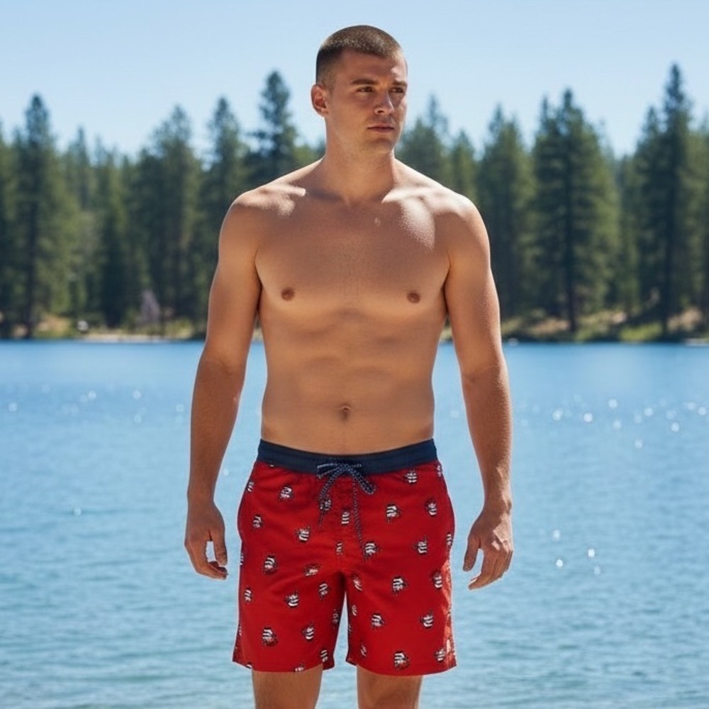 Hurley Mens Red Shaka Hand Print Swim Trunks Board Shorts Size Large 1416-1022